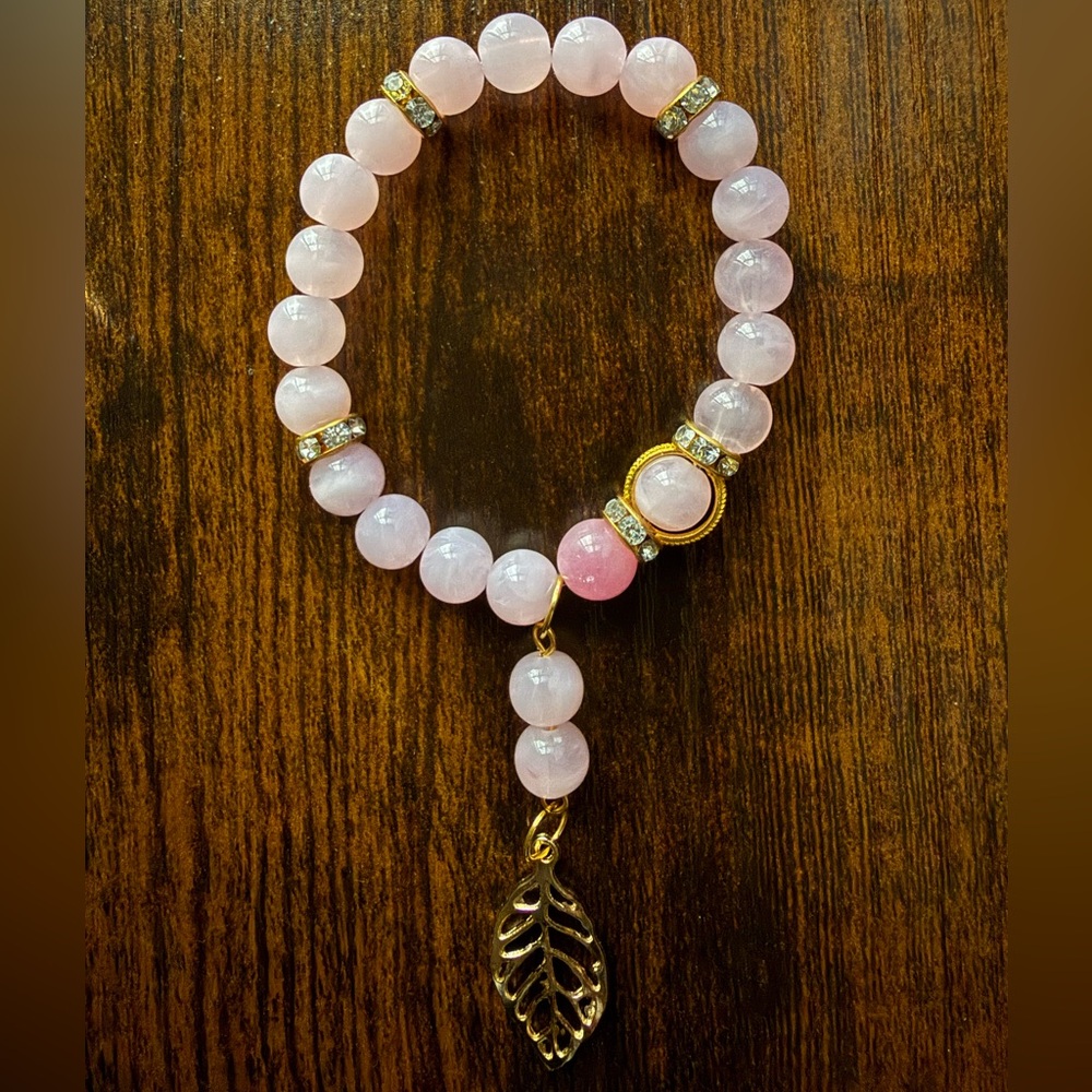 Pink Beaded Bracelet with Gold Leaf Charm